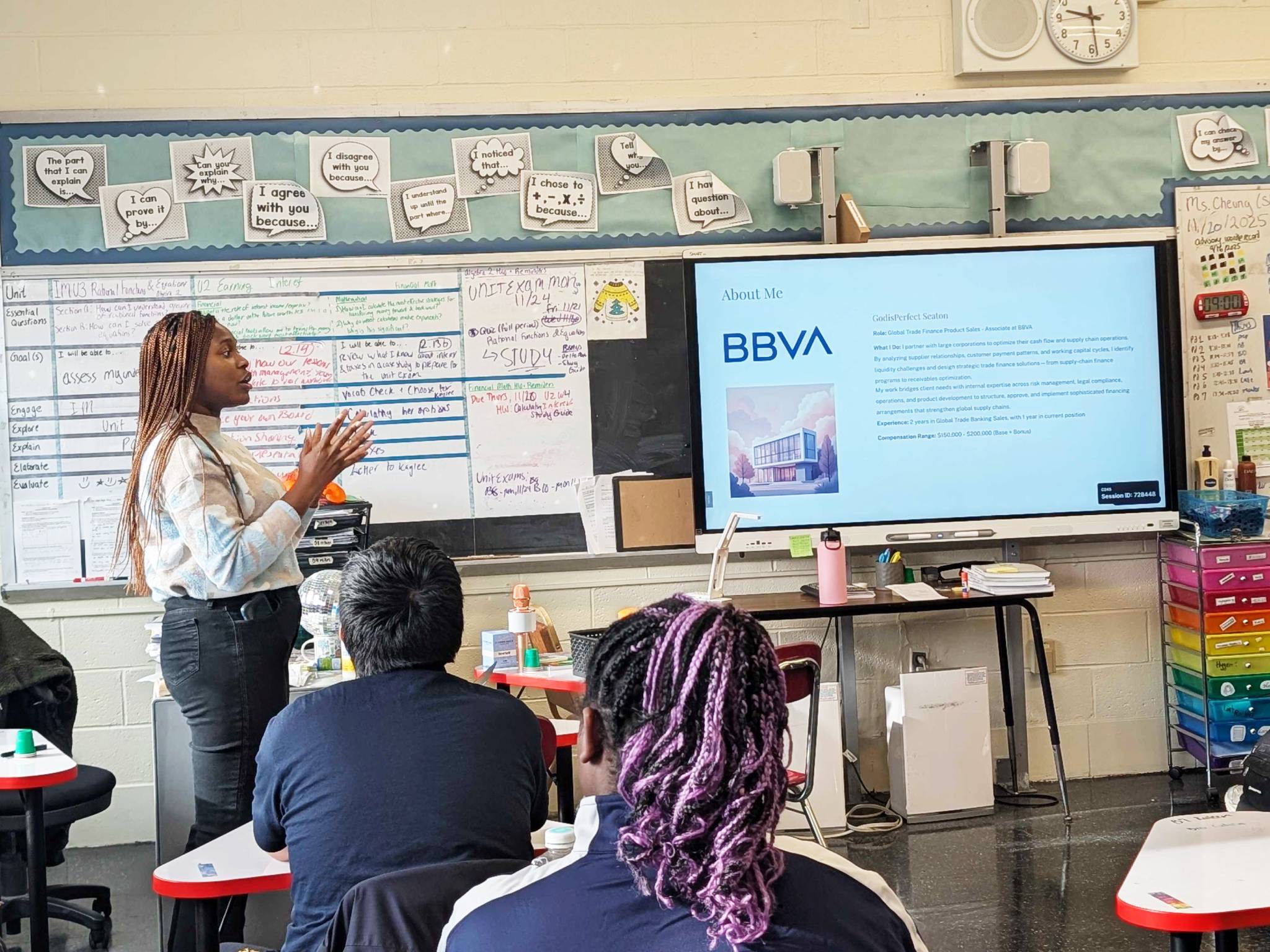Financial professional presenting to students during a FiCycle Career Chat